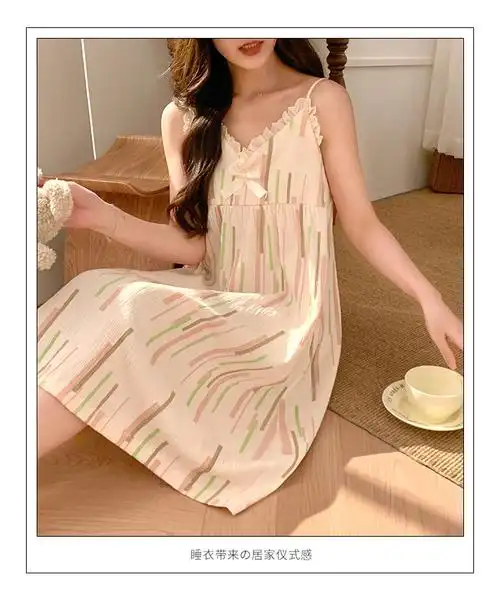 (带胸垫)日系甜美睡衣裙女夏季天梭织泡泡皱布甜美家居服中长款 - 17