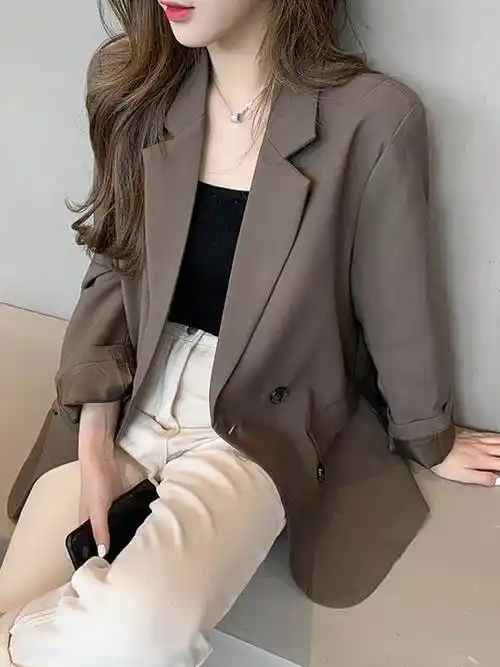 春秋季高级感炸街西装外套女韩版休闲宽松气质显瘦咖色小西服上衣