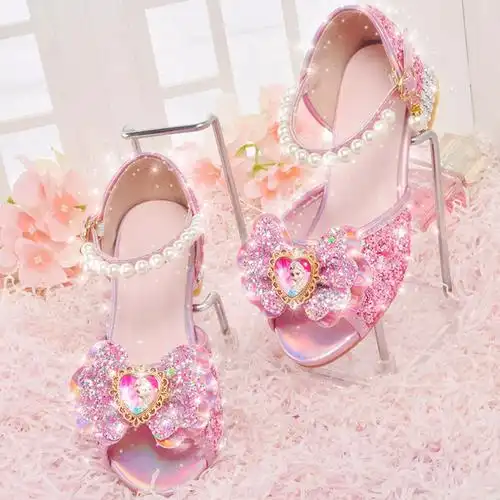 儿童高跟鞋小女孩凉鞋中大童软底防滑鞋子爱莎水晶鞋2266粉色收藏加购