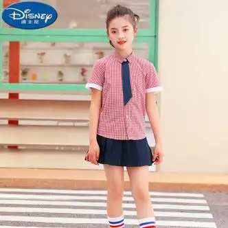 服装英伦风小学生校服演出套装儿女款红格子短袖短裙领带160cm送袜子