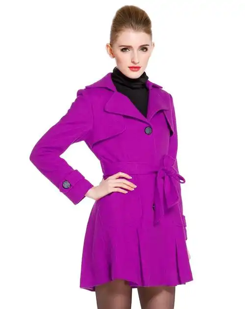 玫紫色修身淑女长款长袖大衣