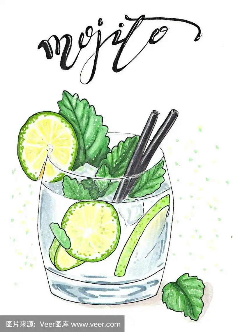 莫吉托在玻璃杯中饮用,杯中有柠檬,薄荷叶和两根手绘插图的饮用吸管