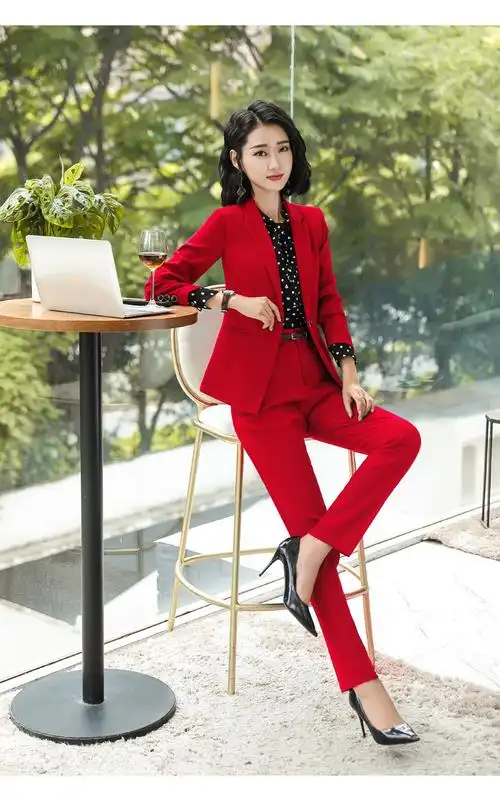 职业装套装女酒店前台迎宾保险会议工作服红色西装外套主持表演服