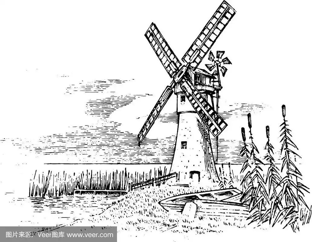 风车景观在复古复古手绘或
