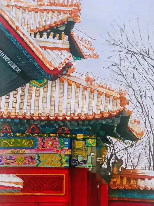 马克笔建筑手绘故宫雪景步骤图