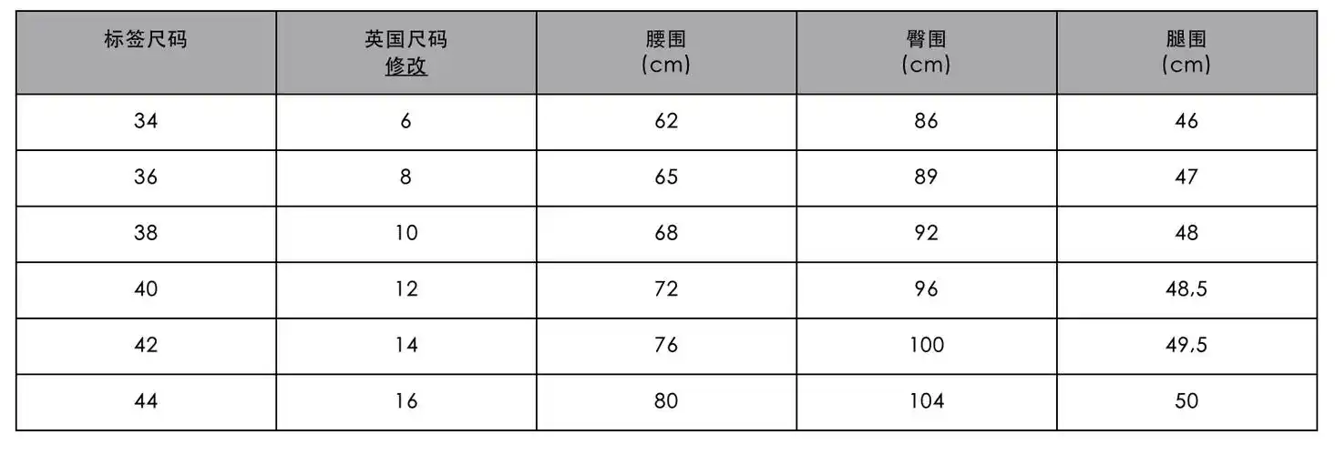 女士长裤尺码表