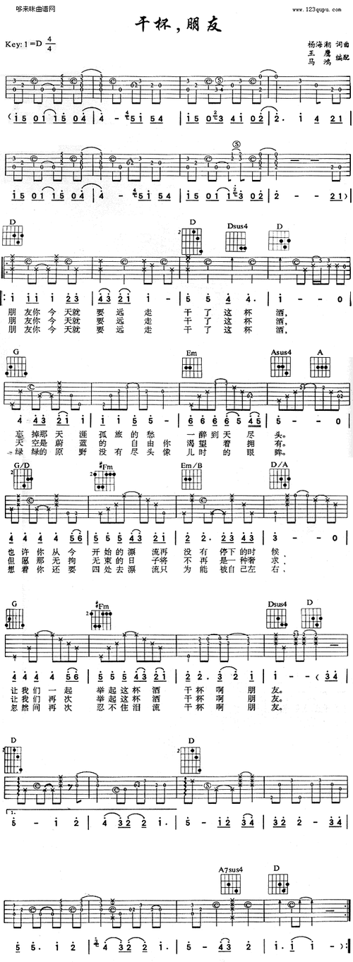 干杯朋友 (田震 )吉他谱_干杯朋友 (田震 )简谱