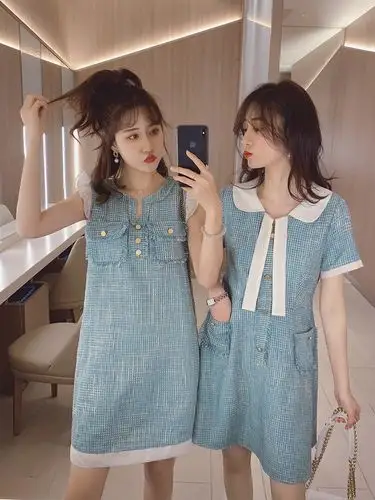 裙子女2020新款夏装姐妹装法式复古蓝色小清新娃娃领连衣裙闺蜜装