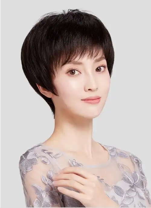 尚美莱中老年假发女短发送妈妈真人发丝圆脸发型自然头套假发短发女深