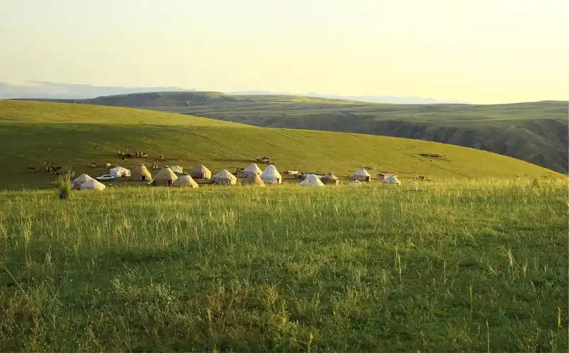 朝霞映照着天空,天空下绵软的草甸,成群的牛羊悠闲自在,时空在太阳的