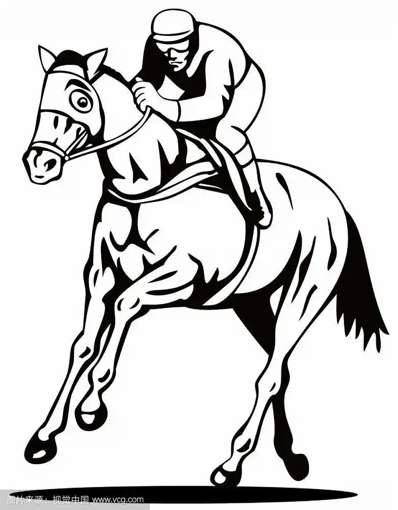 插图的一匹马和骑师在孤立的白色背景上做的复古风格.
