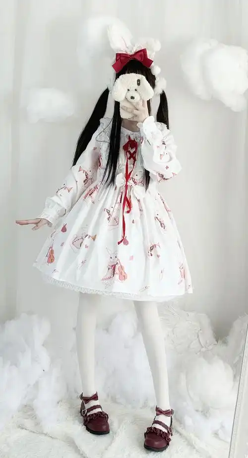 兔子可爱少女日系日常轻lo洛丽塔长袖op连衣裙小裙子 白色袖全款 s