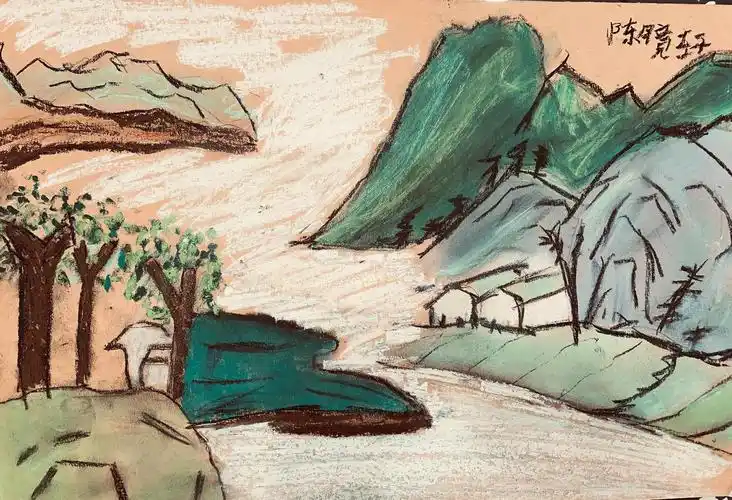 7.20总校白石大师班周六上午班作品色粉《山水画》