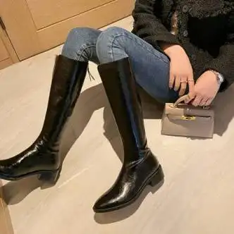 旅他她lvtata他她冬季商场同款拼接长筒靴骑士靴百搭女长靴黑色单里33