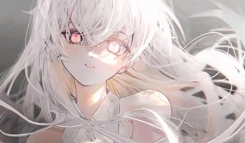 单色调 #纯白色#白色长发#异色瞳#露肩#少女#男生向#横图#2k用户