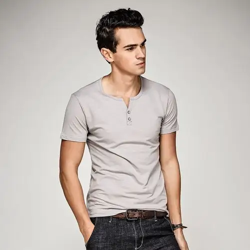 棉麻男士短袖t恤 纯色体恤欧美休闲简约 夏装半袖打底衫6812灰