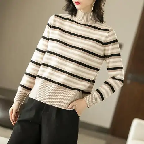 百搭条纹针织衫修身显瘦半高领短款毛衣女