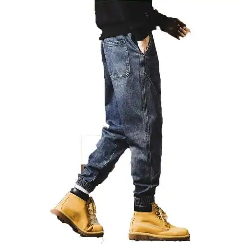 香港高端休闲牛仔裤男胖子复古哈伦束脚弹力直筒加大码长裤加肥佬