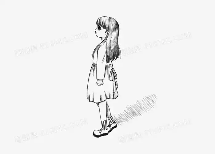 素描小女孩抬头仰望天空简笔画素材