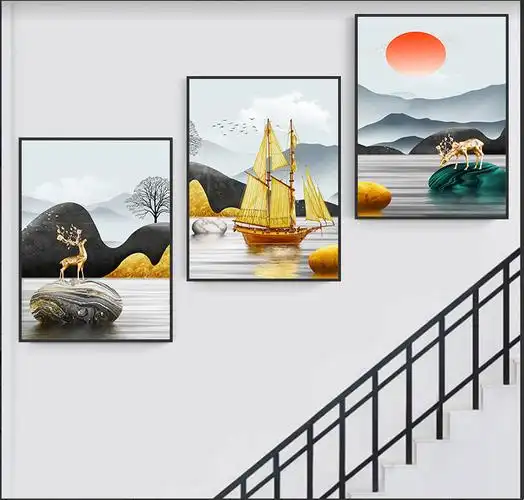 创森小米复式楼梯口间装饰画现代简约楼道三联挂画客厅玄关走廊过道墙