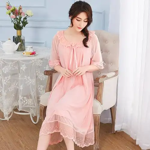 蕾丝睡裙女夏季薄款莫代尔新款中袖国风公主风冰丝睡衣裙子家居服