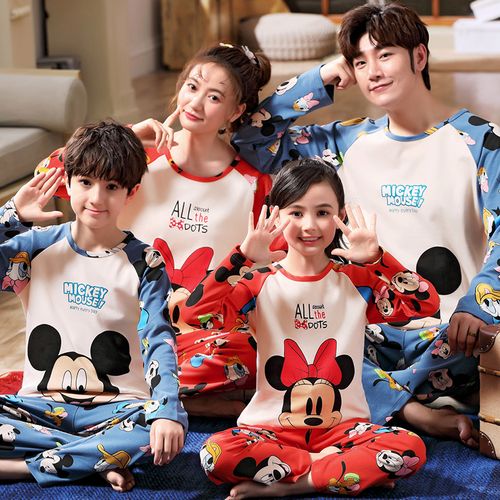 亲子睡衣长袖春秋季一家三口纯棉卡通母女装家居服男孩中大童套装