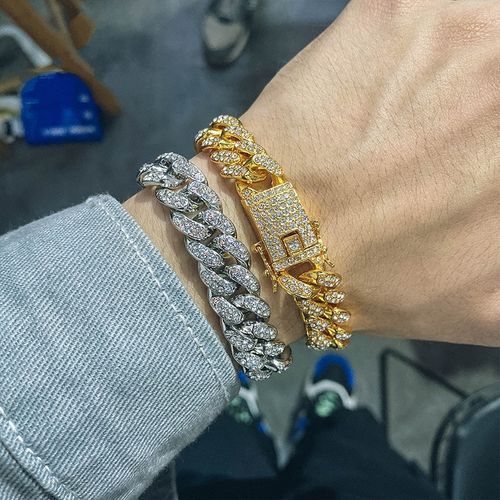 lncarmen欧美潮牌手链男个性满镶钻古巴链嘻哈街头说唱钛钢手环饰