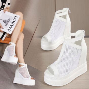 鱼嘴坡跟凉鞋女厚底高跟夏季旅游鞋14cm超内增高松糕鞋防水台白色网纱