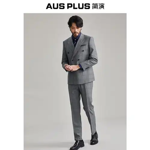 羊毛新郎结婚男士西装双排色格西服灰色正装西服套装