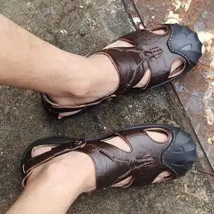 子男牛皮沙滩鞋 新款 镂空包头休闲凉皮鞋 夏季 男士 透气凉鞋