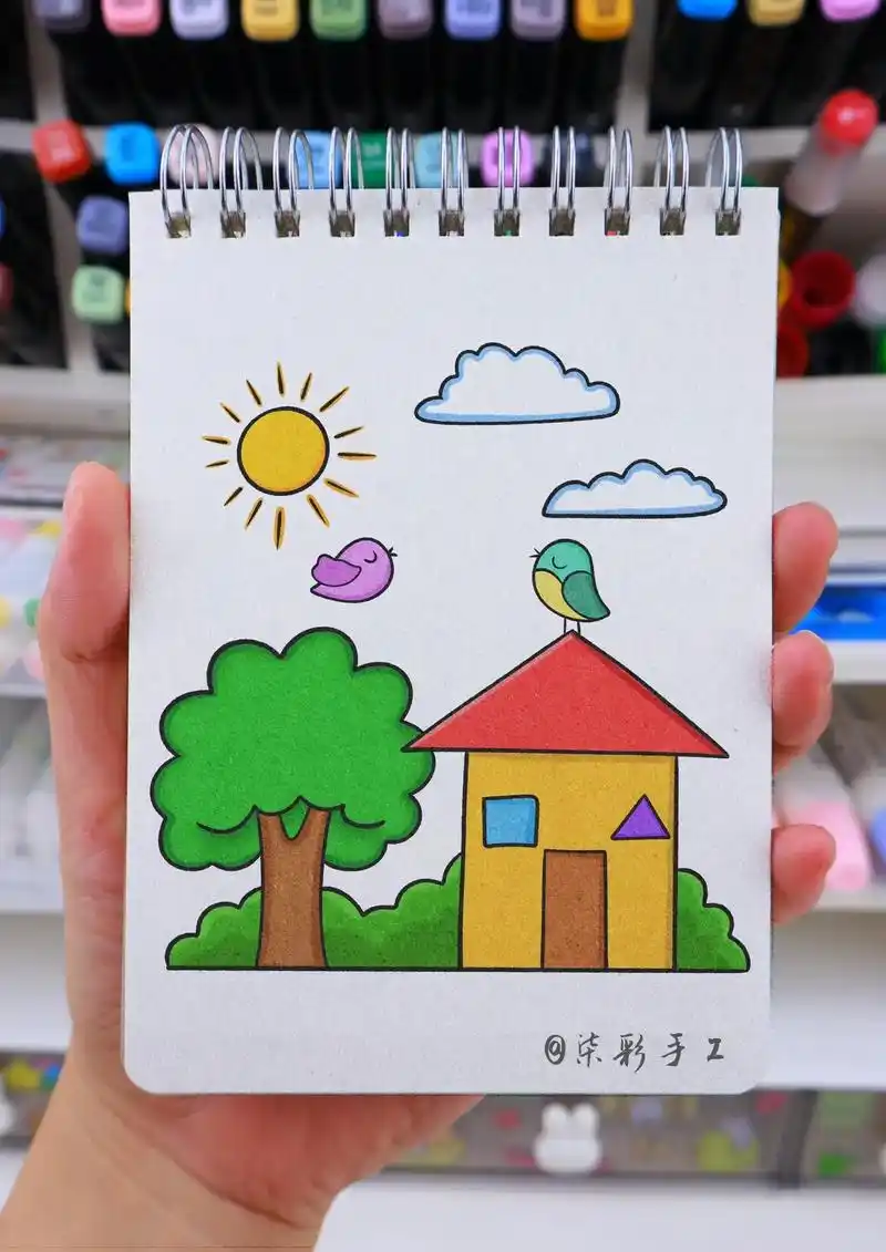 小房子简笔画《夏日的清晨》适合小朋友学习绘画的创意夏日清晨小