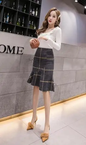 毛呢包臀裙半身裙女中长款一步裙2020秋装新款韩版毛呢高腰显瘦荷叶边