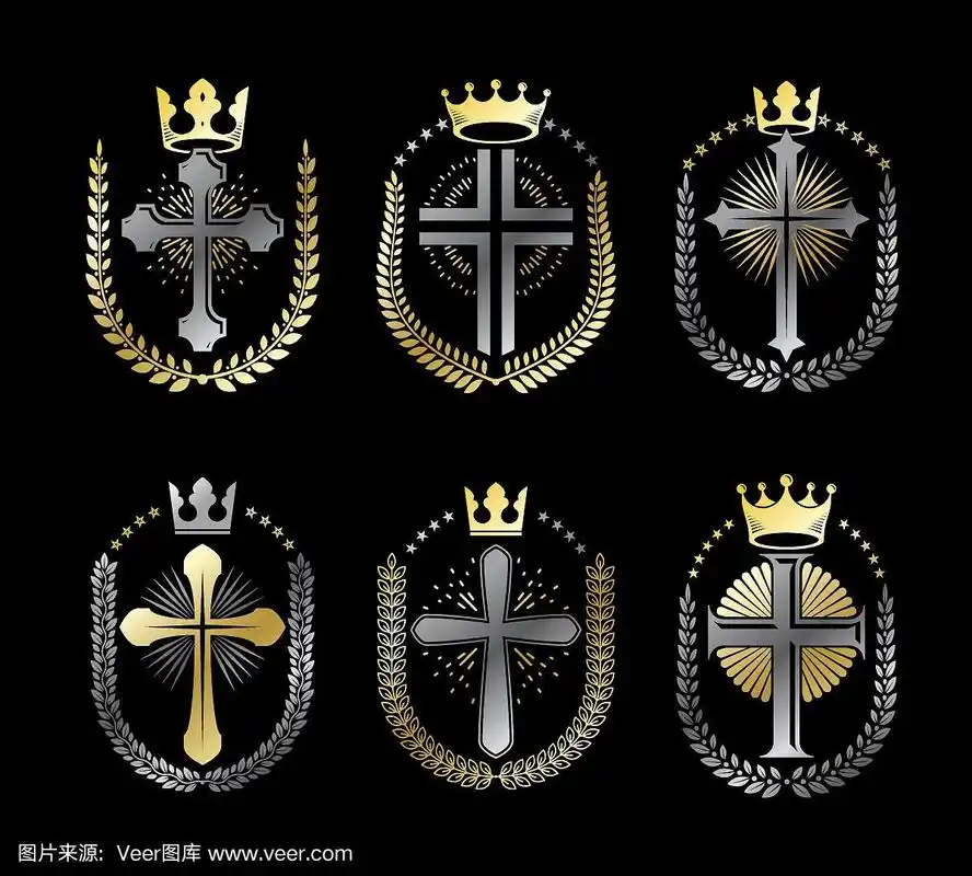 基督教十字架的标志设置.纹章向量设计元素集合.复古风格标签,纹章.