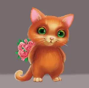 可爱微笑毛茸茸的小猫手捧鲜花作为礼物,因为爱一个人-绿眼手绘卡通