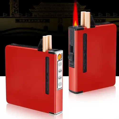 20支装烟盒带打火机一体自动弹烟防风创意个性便携式香菸保护盒男红逢