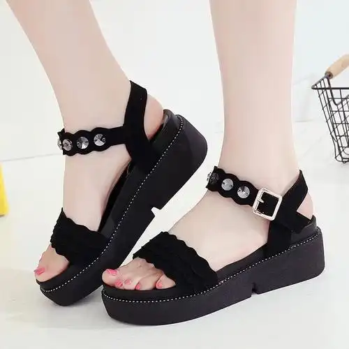 厚底凉鞋女新款春冬季新款平底学生女凉鞋增高滑女鞋 黑色 37