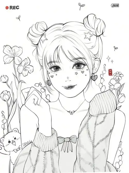 少女线稿练习12甜美花花女孩