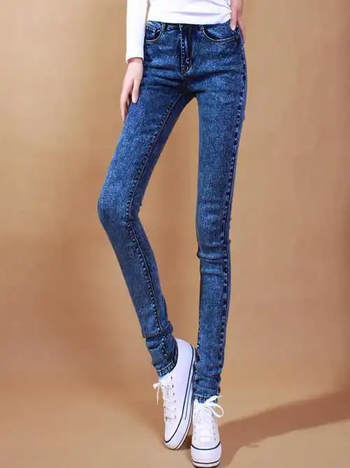 春秋柔软加长版蓝色雪花牛仔裤女高个子中腰弹力贴身小脚裤女180 8006