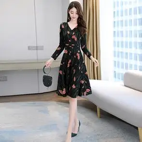 新款女人味裙子潮长袖女装时尚印花连衣裙2021年春秋季气质中长款