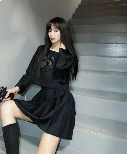 地狱少女jk制服水手服黑色统暗黑系长袖裙套装2020 长袖上衣 短裙 xs