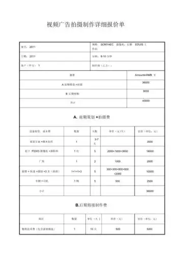 拍摄制作详细报价单