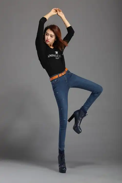 秋季新品小脚牛仔裤女 韩版修身高腰双排扣女式铅笔牛仔长裤批发