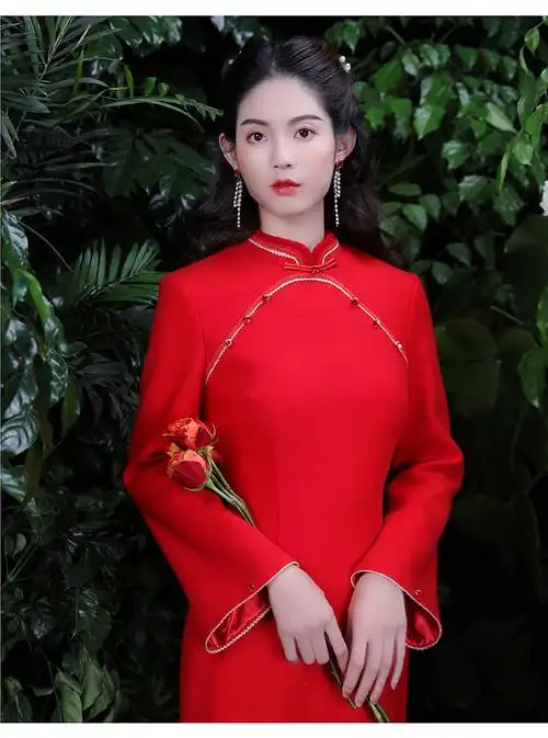 槿爷醉红色毛呢旗袍新款过年服女加厚中国风女装中式新娘服敬酒服中国