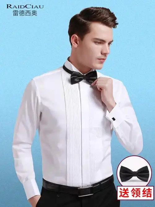 礼服衬衫男长袖加绒燕子领法式结婚演出婚礼男士领结新郎白色衬衣