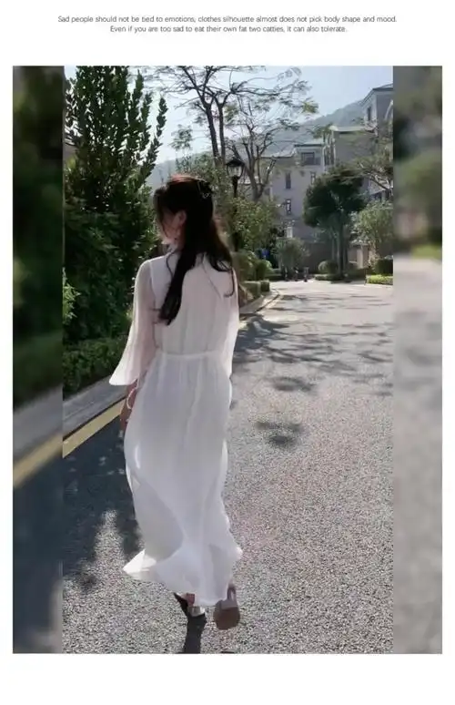 大码白色连衣裙女春季胖mm法式气质v领长袖裙子温柔风绝美长裙