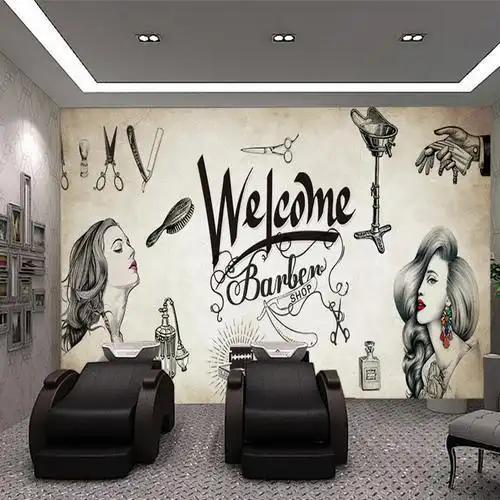 理发店背景墙装修壁画3d立体个性发廊美发装饰壁纸时尚美发店墙纸