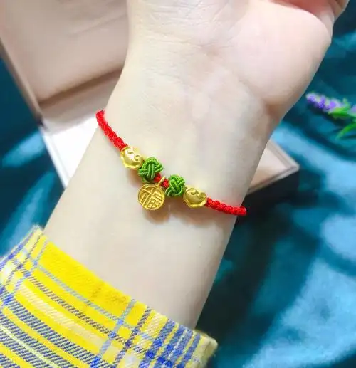 3d硬金 黄金如意小福牌手链 999足金款编绳平安红绳女 一件代发