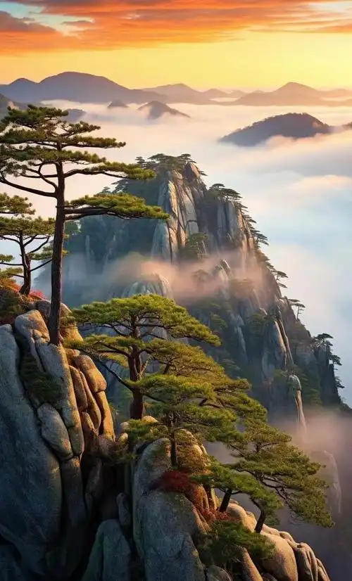 黄山,千峰之巅,万云之间的美丽风景,是大自然的杰作