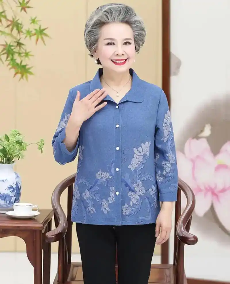 妈妈套装.中老年人春装女60-70-80 岁奶奶装衬衫长袖夏 - 抖音