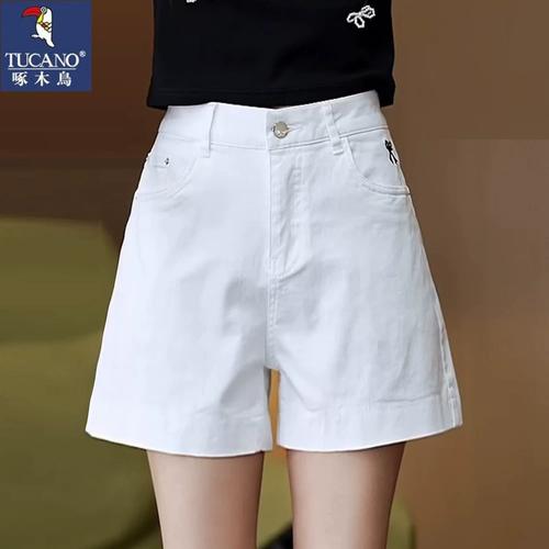 啄木鸟白色短裤女夏季薄款高腰宽松显瘦百搭外穿a字阔腿休闲热裤